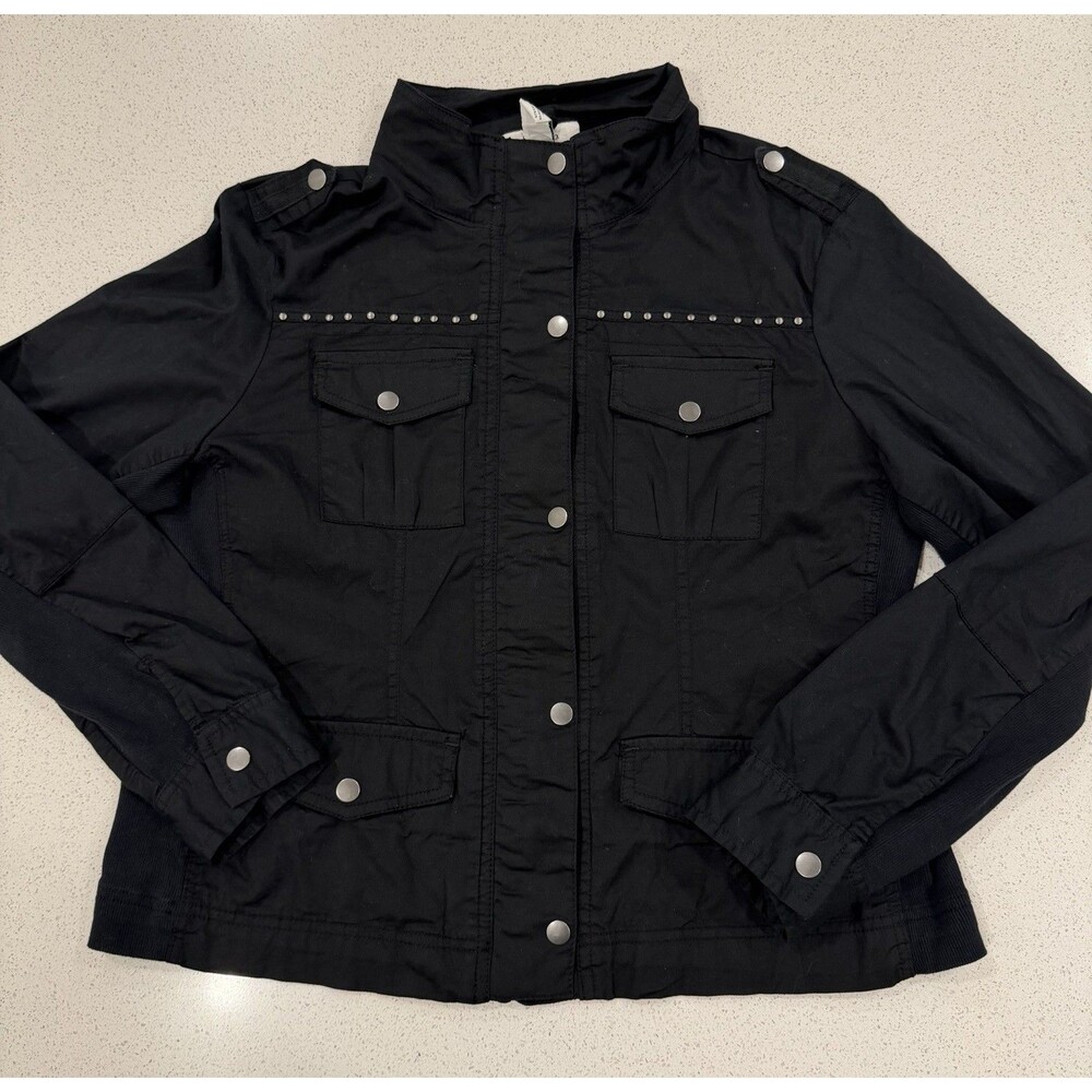 Style & Co. Embellished Black Utility Jacket Size L Cotton Blend Full Zip Hoodie